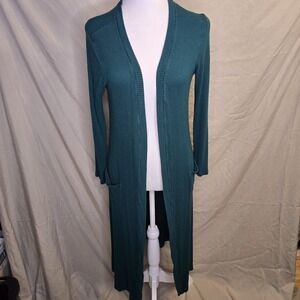 Elan Teal Duster Open Cardigan Size Medium Ribbed‎ Long Sleeve Rayon Blend